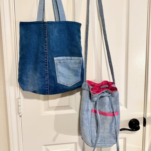 BUNDLE (2) New Hand Made Blue Jean Casual Everyday Shoulder Bag Handbag Boho - Picture 16 of 16